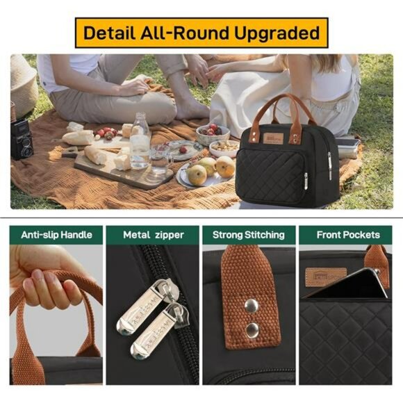 Insulated lunch bag tote with front pocket reusable cooler for work picnic trave - Picture 4 of 7